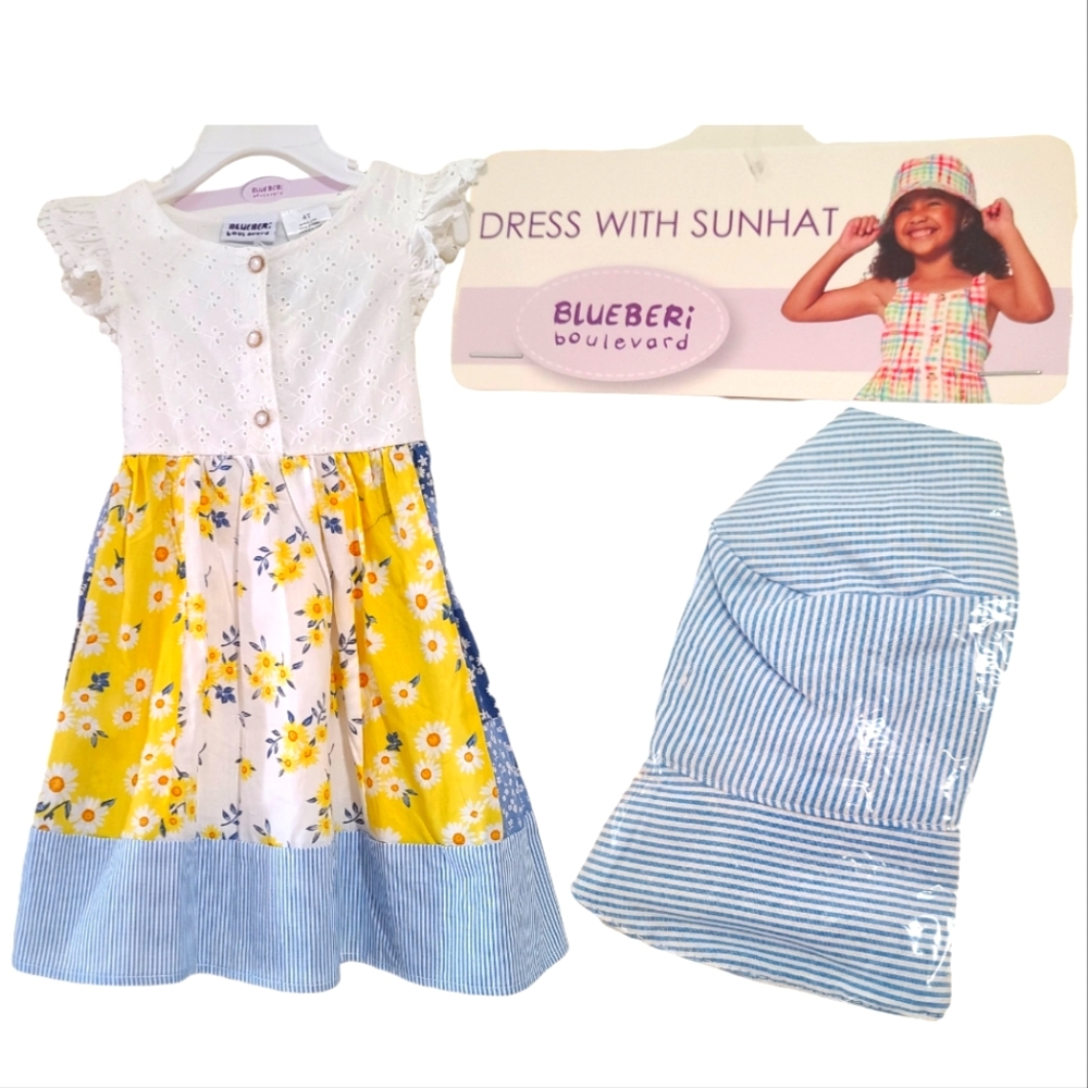 New Blueberi Boulevard Girls 4T Floral Summer Cotton Dress with Sunhat